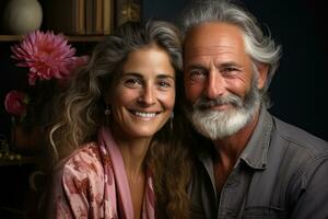 ai generiert glücklich Paar Umarmen inländisch Glück, glücklich aktiv Senioren Bilder foto