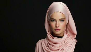 ai generiert ein jung Muslim Frau selbstbewusst posiert mit ihr Kopftuch, islamisch Bilder foto