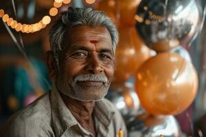 ai generiert lächelnd Mann feiert mit Geburtstag Luftballons, vielfältig aktiv Senioren Bilder foto