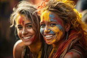 ai generiert zwei Frauen geschmückt im Gesicht malen, holi Festival Bilder hd foto