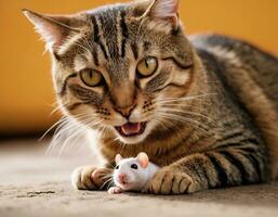 ai generiert ein Nahansicht von ein Tabby Katze mit ein Weiß Maus im Vorderseite von Es. das Tiere suchen beim das Kamera mit es ist Mund offen. foto