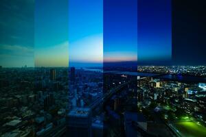 ein geschnitten Zeit Ablauf Fotografie von Panorama Stadtbild in der Nähe von Yodo Fluss im Osaka breit Schuss foto