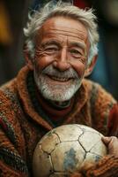 ai generiert Opa mit ein Fußball Ball lächelt zum Spaß, aktiv Senioren Lebensstil Bilder foto