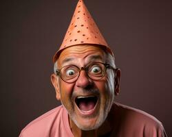 ai generiert alt Mann im Party Hut bereit zum Feier, Bilder von Senior Bürger foto