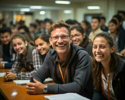 ai generiert Hochschule Studenten und Lehrer sitzen zusammen zum Lernen, lehrreich Bild foto