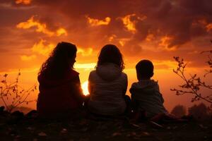 ai generiert ein magisch Familie Moment gefangen im Silhouette wie ein Mutter und Kinder lesen gegen ein bunt Dämmerung Himmel, schön Buch Bilder foto