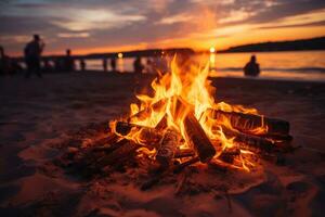 ai generiert Strand Lagerfeuer Sonnenuntergang warm umarmen, schön Sonnenaufgang Bild foto