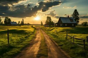 ai generiert Sonnenuntergang Pfad Schmutz Straße im grün Landschaft, schön Sonnenaufgang Bild foto