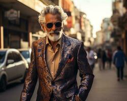 ai generiert stilvoll Senior Mann spazieren gehen durch Stadt im modisch Anzug, Bilder von Senior Bürger foto
