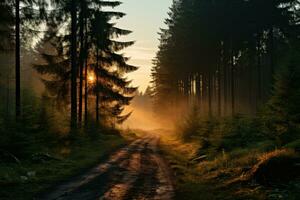 ai generiert mystisch Wald Dämmerung ätherisch Licht inmitten Morgen, schön Sonnenaufgang Bild foto