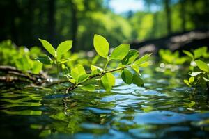 ai generiert Grün Blätter gespiegelt im heiter Gewässer, Erde freundlich Bilder foto