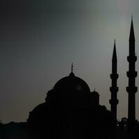 Silhouette von ein Moschee mit Minarette und Kuppeln im einfarbig Schuss. foto