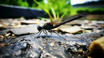 ai generiert Foto von Damselfly auf ein Boden. generativ ai