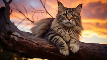 Foto von ein Katze thront auf ein Baum Ast gegen ein Sonne. generativ ai