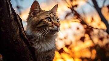 Foto von ein Katze thront auf ein Baum Ast gegen ein Sonne. generativ ai