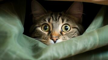 ai generiert Foto von ein Katze spähen aus von hinter ein Vorhang. generativ ai
