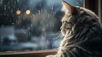 Foto von ein Katze Sitzung auf ein Fensterbrett beobachten fallen. generativ ai