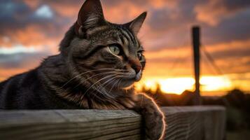 Foto von ein Katze thront auf ein Zaun gegen ein Dämmerung. generativ ai