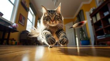 ai generiert Foto von ein spielerisch Katze jagen ein Feder Spielzeug. generativ ai