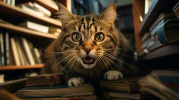 ai generiert Foto von ein boshaft Katze erkunden ein Bücherregal. generativ ai