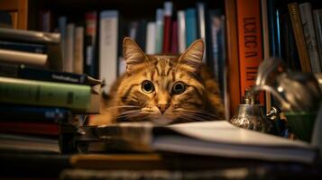 ai generiert Foto von ein boshaft Katze erkunden ein Bücherregal. generativ ai