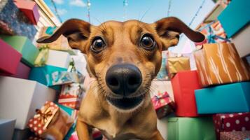 ai generiert Foto von ein boshaft Hund spähen aus von hinter ein Stapel von Geschenke. generativ ai