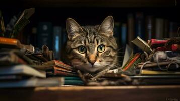 ai generiert Foto von ein boshaft Katze erkunden ein Bücherregal. generativ ai