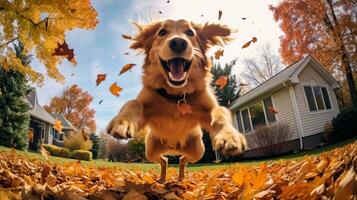 ai generiert Foto von ein Hund freudig springen in ein Stapel von Herbst Blätter. generativ ai