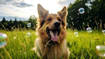 ai generiert Foto von ein spielerisch Hund jagen Luftblasen im ein üppig grün. generativ ai