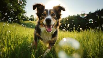 ai generiert Foto von ein spielerisch Hund jagen Luftblasen im ein üppig grün. generativ ai