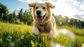 ai generiert Foto von ein spielerisch Hund jagen Luftblasen im ein üppig grün. generativ ai