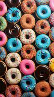 ai generiert Donuts Muster. oben Aussicht von ein Vielfalt von glasiert Donuts. bunt glasiert Donuts mit Sträusel foto