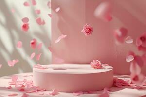 ai generiert minimal Rosa Schönheit Podium mit fallen Blütenblätter zum kosmetisch Präsentation foto