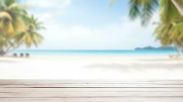 ai generiert tropisch Strand Paradies auf Weiß hölzern Tabelle , Sommer- Hintergrund foto