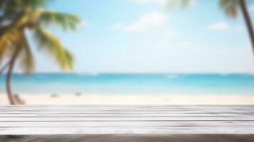 ai generiert tropisch Strand Paradies auf Weiß hölzern Tabelle , Sommer- Hintergrund foto