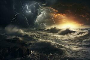 ai generiert Gewitter und Sturm entlang das Küste, diese Foto Vitrinen das heftig Leistung von Natur