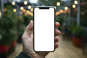 ai generiert ein glatt modern Smartphone Anzeigen ein Weiß Bildschirm, Erfassen das Wesen von unser in Verbindung gebracht Digital Welt. foto