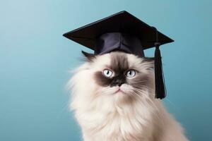 ai generiert flauschige komisch Katze tragen ein Absolvent Hut auf Blau Hintergrund. ai generiert. foto