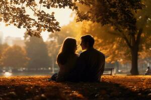 ai generiert Mann und Frau im Liebe Sitzung zusammen auf das Gras im das Park, Aussicht von das zurück. ai generiert. foto