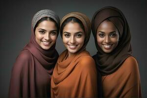 ai generiert schön Gruppe von Muslime Frauen lächelnd und Lachen tragen ein Hijab und dekoriert Schal foto