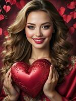 ai generiert Feier zum Valentinstag Tag mit schön jung Frau hält ein rot Herz im ihr Hände. foto