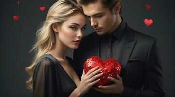 ai generiert Feier zum Valentinstag Tag mit schön jung Frau hält ein rot Herz im ihr Hände foto