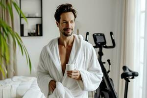 ai generiert einfach Zuhause Fitness. Mann mit ein Tasse von heiß trinken im seine Hände foto