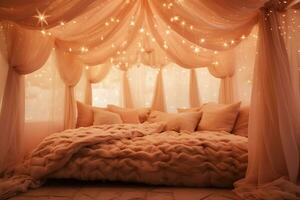ai generiert luxuriös und komfortabel Schlafzimmer im Pfirsich Farbe foto