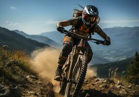 ai generiert Berg Radfahren Frau Reiten auf Fahrrad im Sommer- Berge Wald Landschaft. generativ ai foto