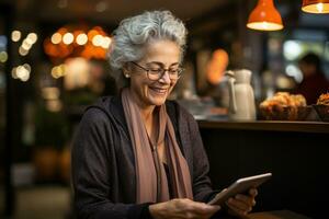 ai generiert Kommunikation und Menschen Konzept Senior Frau mit Smartphone beim heim. generativ ai. foto