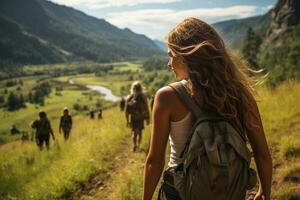 ai generiert ein offen Foto von ein Familie und freunde Wandern zusammen im das Berge im das Ferien Ausflug Woche. verschwitzt Gehen im das schön amerikanisch Natur. Felder und Hügel mit Gras.