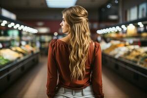 ai generiert ein Foto von ein schön jung amerikanisch Frau Einkaufen im Supermarkt und Kauf Lebensmittel und Essen Produkte im das speichern. generativ ai.