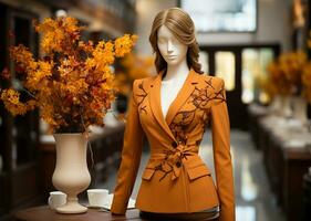 ai generiert Mannequin im ein elegant Jacke mit ein Herbst aussehen im ein modern Mode Boutique im ein Vitrine. Herbst Mode. generativ ai. foto