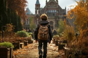 ai generiert ein jung Junge mit ein Rucksack ist Über zu einschiffen auf ein Abenteuer im das draußen Welt. das Konzept von Abenteuer ist zu erkunden Neu setzt und Erfahrungen. generativ ai. foto